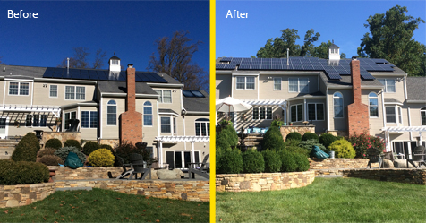 roofing and solar project, before and after